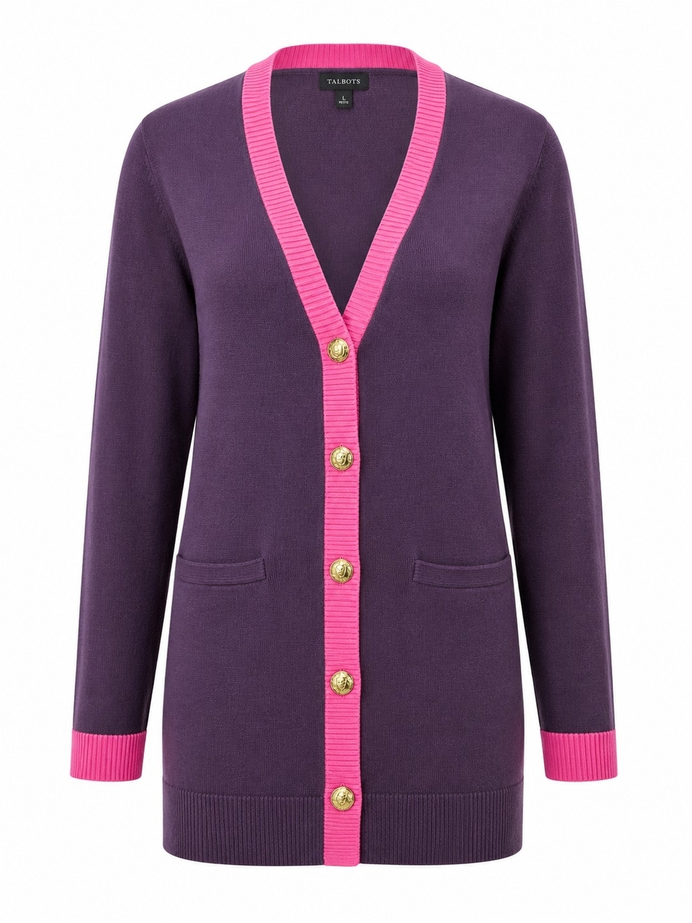 TALBOTS | Longline Colorblock Cotton Cardigan Sweater Gold Buttons‎ | L Petite